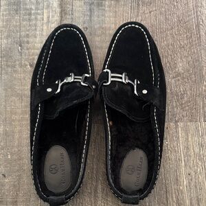 Cole Haan Black Suede Loafers with Silver Buckle